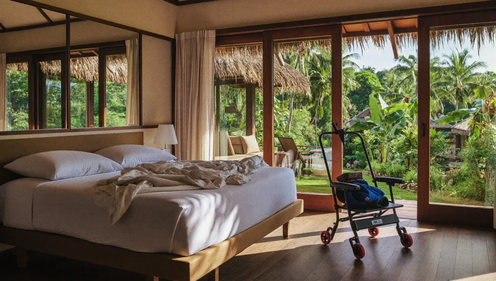 Bright Bali villa bedroom prepared for home nursing care with grab rails and a walking frame