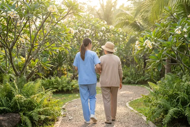 Caregiver and elderly woman enjoying a walk through a tropical garden in Bali