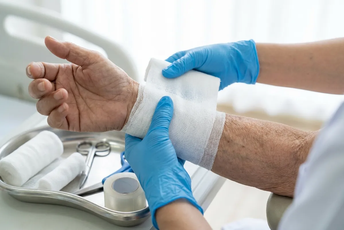 Nurse in gloves performing a sterile wound dressing change at a patient's home in Bali